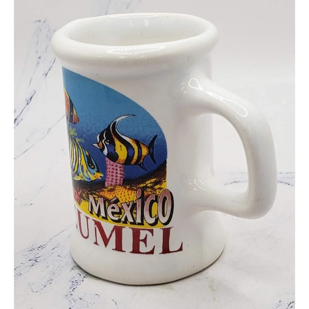 Cozumel Mexico Souvenir Miniature White Ocean Fish Ceramic Toothpick Holder Mug